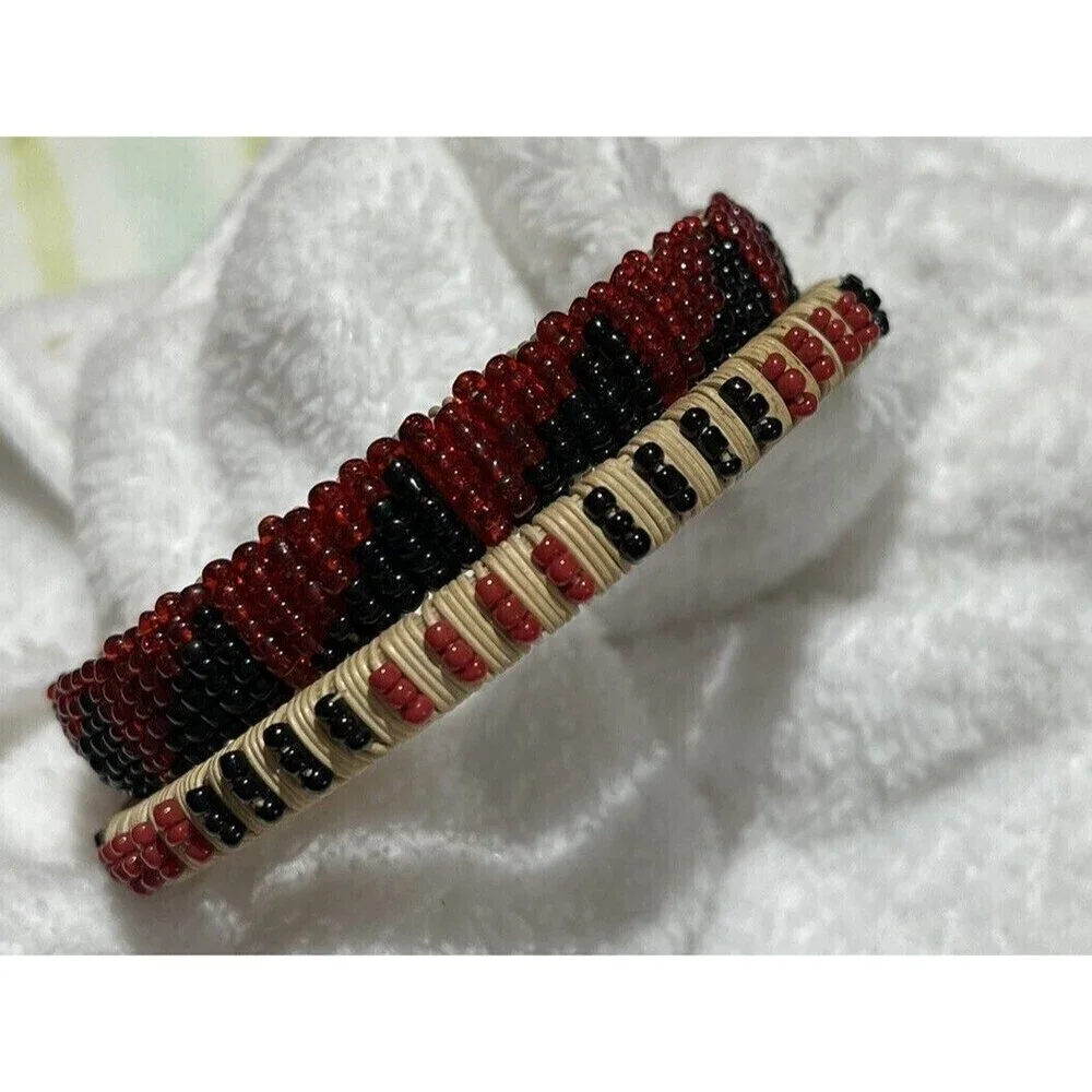 Red & Black Set Of 2 Woven Seed Bead Rattan Bracelet Non Stretch Boho Aztec